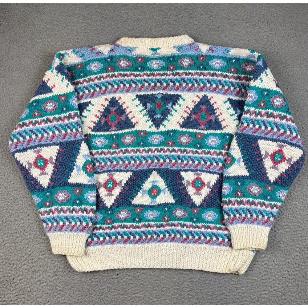 Orvis Sweater Mens Medium Cream Multicolor Geometric Aztec Crewneck Hand Knitted - Picture 2 of 9
